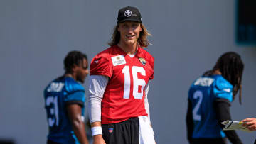 Jacksonville Jaguars quarterback Trevor Lawrence (16) looks on during an organized team activity Tuesday, May 28, 2024 at EverBank Stadium’s Miller Electric Center in Jacksonville, Fla.