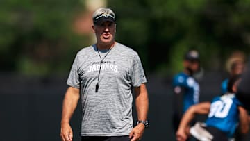 Jacksonville Jaguars head coach Doug Pederson coaches during an organized team activity Tuesday, May 28, 2024 at EverBank Stadium’s Miller Electric Center in Jacksonville, Fla.