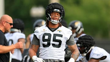 Jacksonville Jaguars defensive end Roy Robertson-Harris (95) finishes a drill during the third day of an NFL football training camp practice Friday, July 26, 2024 at EverBank Stadium’s Miller Electric Center in Jacksonville, Fla.