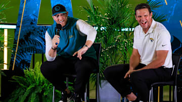 Jacksonville Jaguars head coach Liam Coen, left, speaks next to Jacksonville Jaguars Hall of Famer Tony Boselli Thursday, Jan. 30, 2025 at EverBank Stadium in Jacksonville, Fla. Jaguars fans got a chance to see the new head coach speak and give a warm welcome at the stadium.
