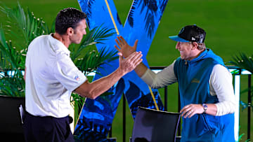Jacksonville Jaguars head coach Liam Coen greets Jacksonville Jaguars Hall of Famer Tony Boselli Thursday, Jan. 30, 2025 at EverBank Stadium in Jacksonville, Fla. Jaguars fans got a chance to see the new head coach speak and give a warm welcome at the stadium.