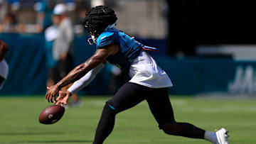 Jacksonville Jaguars wide receiver Gabe Davis (0) can’t haul in a pass during the ninth day of an NFL football training camp practice Saturday, Aug. 3, 2024 at EverBank Stadium in Jacksonville, Fla. Today marked the first day of public practice inside the stadium.