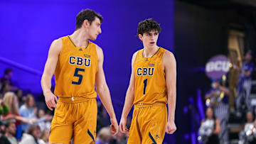 California Baptist Lancers guard Reed Nottage (5), left, and California Baptist Lancers guard Taran Armstrong (1), right, talk as their team is down during the closing minutes of the second half against the California Baptist Lancers at GCU Arena on Saturday, Feb. 5, 2022, in Phoenix. The Antelopes beat the Lancers 56 to 50.

Uscp 7jlmeqhx4qakeos9yge Original