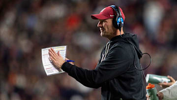 Alabama Crimson Tide head coach Kalen DeBoer encourages his team as Auburn Tigers take on Alabama Crimson Tide in the Iron Bowl at Jordan-Hare Stadium in Auburn, Ala. on Saturday, Nov. 29, 2025. Alabama Crimson Tide leads Auburn Tigers 17-6.