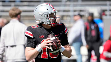 Ohio State Buckeye quarterback Julian Sayin (10) warms up before the start of the spring game at Ohio Stadium on April 12, 2025.