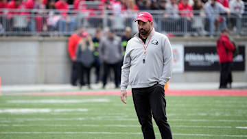 Ohio State Buckeye head coach Ryan Day watches his team in the 2nd half during the spring game at Ohio Stadium on April 12, 2025.
