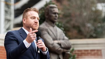 Auburn football head coach Alex Golesh speaks during his introductory Tiger Walk at Jordan-Hare Stadium in Auburn, Alabama.
