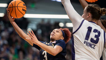 Notre Dame Fighting Irish guard Hannah Hidalgo (3) goes up for a layup as TCU Horned Frogs face off with Notre Dame Fighting Irish during the Sweet 16 at Legacy Arena in Birmingham, Ala., on Saturday, March 29, 2025. TCU Horned Frogs defeated Notre Dame Fighting Irish 71-62 to advance to the Elite 8.