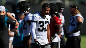 Jacksonville Jaguars cornerback Tyson Campbell (32) walks on the field during the first day of an NFL football training camp practice Wednesday, July 24, 2024 at EverBank Stadium’s Miller Electric Center in Jacksonville, Fla.