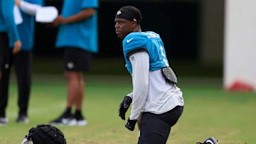Jacksonville Jaguars running back Travis Etienne Jr. (1) looks on during the seventh day of an NFL football training camp practice Wednesday, July 31, 2024 at EverBank Stadium’s Miller Electric Center in Jacksonville, Fla.
