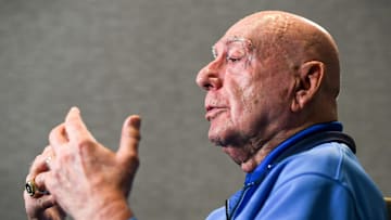 Dick Vitale, ESPN college basketball commentator, talks during an interview in Clemson, S.C. before the game between top ACC teams Clemson and Duke Friday, February 7, 2025.