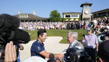 Viktor Hovland greets Jack Nicklaus after beating Denny McCarthy in a playoff to win the 2023 Memorial Tournament.