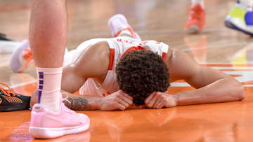 Clemson guard Chase Hunter reacts after turning over the ball during a recent game.