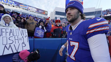 Buffalo Bills quarterback Josh Allen (17) briefly interacts with fans before leaving the field after the Bills victory against the Denver Broncos at Highmark Stadium in Orchard Park on Jan. 12, 2025.