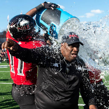 Northern Illinois head coach Thomas Hammock gets a victory dunk after the beating Arkansas State during the Camellia Bowl at Cramton Bowl in Montgomery, Ala., on Saturday, Dec. 23, 2023. 