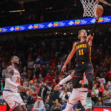 Oct 27, 2023; Atlanta, Georgia, USA; Atlanta Hawks guard Trae Young (11) shoots against the New York Knicks in the second half at State Farm Arena. Mandatory Credit: Brett Davis-Imagn Images