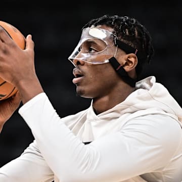 Mar 19, 2023; Milwaukee, Wisconsin, USA; Toronto Raptors center Christian Koloko (35) warms up before game against the Milwaukee Bucks at Fiserv Forum. Mandatory Credit: Benny Sieu-Imagn Images