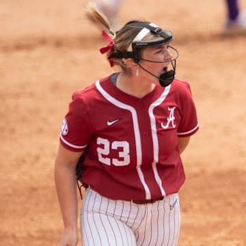 Alabama Crimson Tide pitcher Jocelyn Briski (23) celebrates the end of an inning during the SEC softball tournament at Jane B. Moore Field in Auburn, Ala., on Wednesday, May 8, 2024. LSU Tigers defeated Alabama Crimson Tide 3-2 in 14 innings.