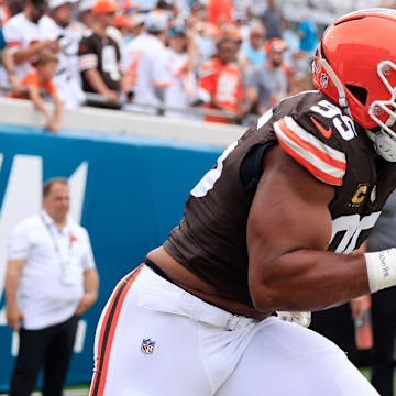 Cleveland Browns defensive end Myles Garrett (95) runs before an NFL football matchup Sunday, Sept. 15, 2024 at EverBank Stadium in Jacksonville, Fla. [Corey Perrine/Florida Times-Union]