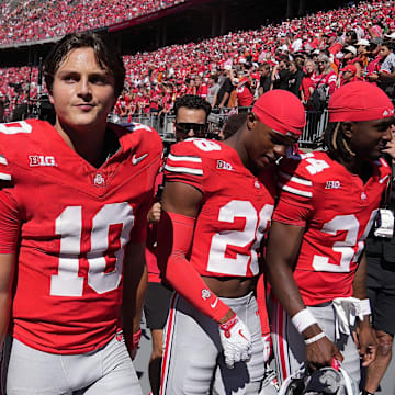 Ohio State quarterback Julian Sayin (10) led the Buckeyes to a Week 1 win over the Texas Longhorns