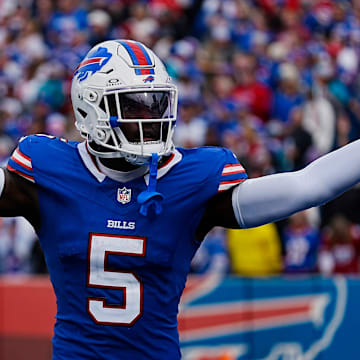 Bills Kaiir Elam celebrates his fumble recovery against Miami during second half