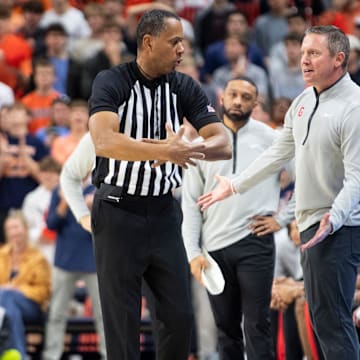 Georgia Bulldogs head coach Mike White disputes a call as Auburn Tigers take on Georgia Bulldogs at Neville Arena in Auburn, Ala., on Saturday, Feb. 22, 2025. Auburn Tigers defeated Georgia Bulldogs 82-70.