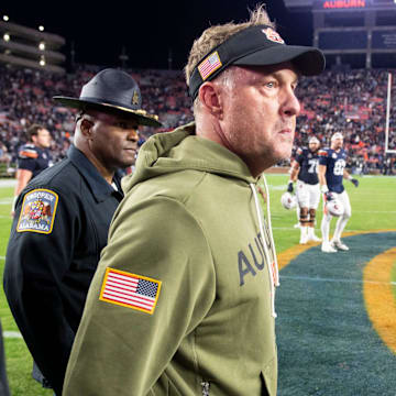 Auburn Tigers head coach Hugh Freeze walks the field after Auburn Tigers take on Kentucky Wildcats at Jordan-Hare Stadium in Auburn, Ala. on Saturday, Nov. 1, 2025. Kentucky Wildcats defeated Auburn Tigers 10-3.