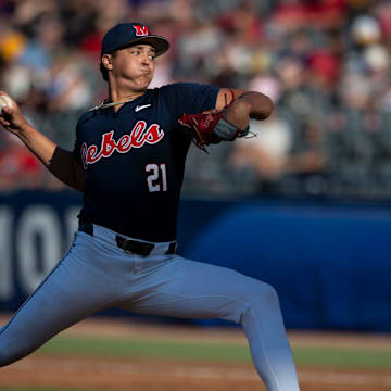 Ole Miss Rebels' Mason Morris (21) pitches as Arkansas Razorbacks take on Ole Miss Rebels during the SEC baseball tournament at Hoover Met in Birmingham, Ala., on Friday, May 23, 2025. Ole Miss Rebels defeated Arkansas Razorbacks 5-2.
