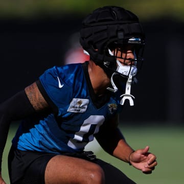 Jacksonville Jaguars wide receiver Gabe Davis (0) runs a route during the first day of an NFL football training camp practice Wednesday, July 24, 2024 at EverBank Stadium’s Miller Electric Center in Jacksonville, Fla.