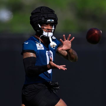 Jacksonville Jaguars wide receiver Gabe Davis (0) catches a pass during the first day of an NFL football training camp practice Wednesday, July 24, 2024 at EverBank Stadium’s Miller Electric Center in Jacksonville, Fla.