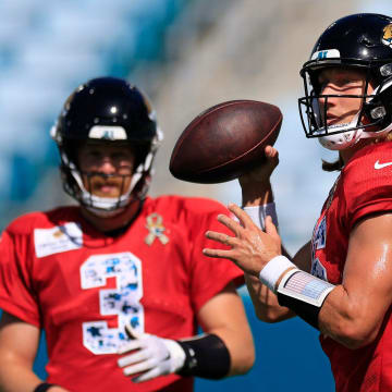 Jacksonville Jaguars quarterback Trevor Lawrence (16) looks to throw during the ninth day of an NFL football training camp practice Saturday, Aug. 3, 2024 at EverBank Stadium in Jacksonville, Fla. Today marked the first day of public practice inside the stadium.