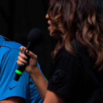 Jacksonville Jaguars hall of famer Tony Boselli smiles as team reporter Kainani Stevens interviews during the Duuuval Draft Party Thursday, April 25, 2024 at EverBank Stadium in Jacksonville, Fla. Thousands came out to watch the Jacksonville Jaguars choose in the 2024 NFL Draft. [Corey Perrine/Florida Times-Union]