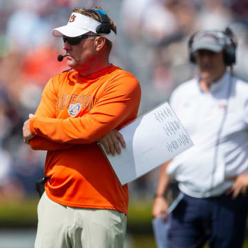 Auburn Tigers head coach Hugh Freeze looks on during the A-Day spring game at Jordan-Hare Stadium in