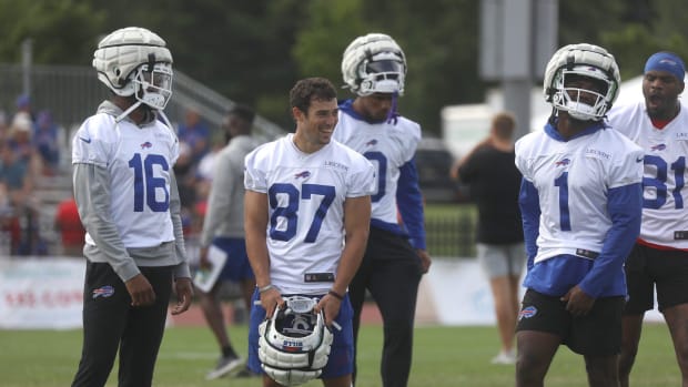 Bills Xavier Johnson, Andy Isabella and Curtis Samuel laugh at something a teammate said during Bills training camp at St. Jo