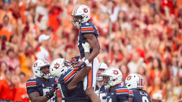 Auburn Tigers wide receiver Cam Coleman (8) celebrates his touchdown catch against Alabama A&M. 