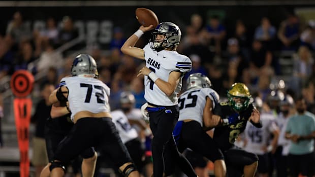 Bartram Trail's Coleson Baum (9) looks to pass during the first quarter of a high school football matchup Thursday, Nov. 7, 2