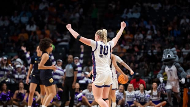 TCU Horned Frogs guard Hailey Van Lith (10) celebrates victory 