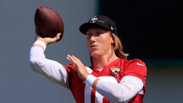 Jacksonville Jaguars quarterback Trevor Lawrence (16) throws the ball during an organized team activity.