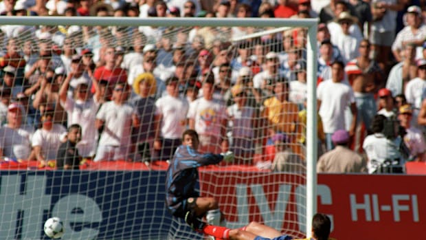 Andres Escobar scores an own goal at the 1994 World Cup.