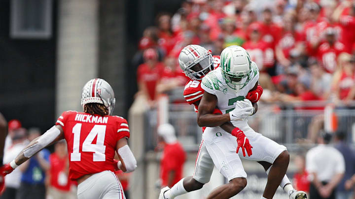 Ohio State Buckeyes cornerback Denzel Burke (29) knocks the ball away from Oregon Ducks wide receiver Devon Williams (2) in the first quarter of their NCAA Division I game on Saturday, September 11, 2021 at Ohio Stadium in Columbus, Ohio.

Osu21ore Kwr 14