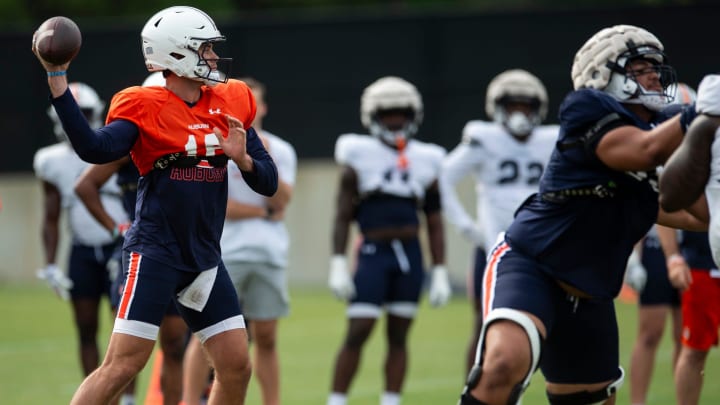 Auburn Tigers quarterback Holden Geriner (12) during practice at Woltosz Football Performance Center in Auburn, Ala., on Tuesday, April 2, 2024.