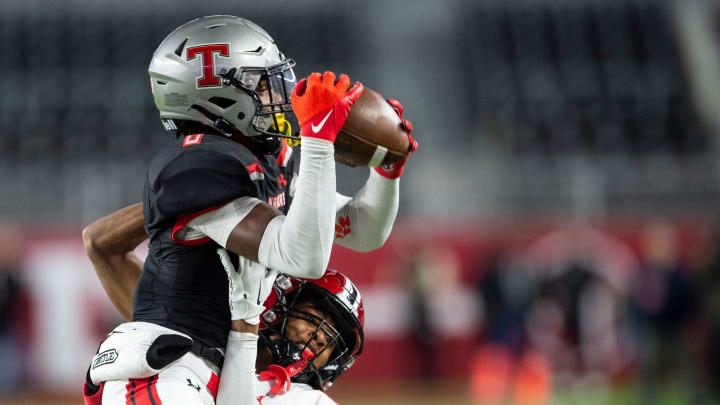 Thompson's Anquon Fegans (0) intercepts the ball as Central Phenix City faces Thompson in the Class 7A football state championship at Bryant-Denny Stadium in Tuscaloosa, Ala., on Wednesday, Dec. 6, 2023. Central Phenix City leads Thompson 14-3 at halftime.