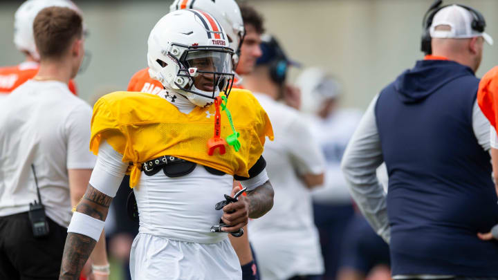 Auburn Tigers wide receiver Sam Jackson V (18) during practice at Woltosz Football Performance Center in Auburn, Ala., on Tuesday, April 2, 2024.