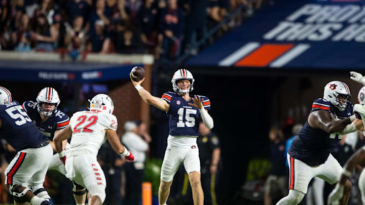 Auburn Tigers quarterback Hank Brown (15) throws the ball as Auburn Tigers take on New Mexico Lobos at Jordan-Hare Stadium in Auburn, Ala., on Saturday, Sept. 14, 2024. Auburn Tigers lead New Mexico Lobos 17-13 at halftime.