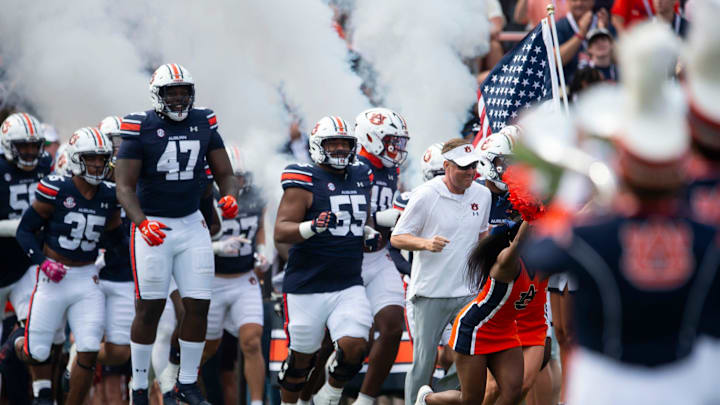 Auburn Tigers head coach Hugh Freeze leads out his team as Auburn Tigers take on Vanderbilt Commodores at Jordan-Hare Stadium in Auburn, Ala., on Saturday, Nov. 2, 2024. Auburn Tigers and Vanderbilt Commodores are tied 7-7 at halftime.
