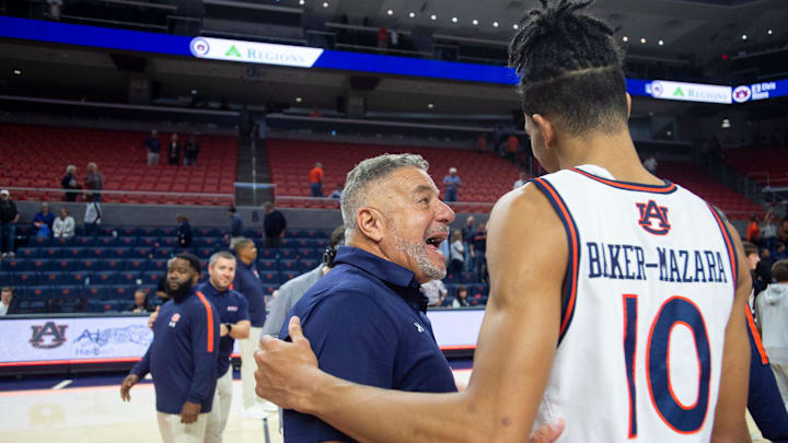 Auburn Tigers head coach Bruce Pearl talks with Auburn Tigers forward Chad Baker-Mazara (10) after the game as Auburn Tigers take on Vermont Catamounts at Neville Arena in Auburn, Ala., on Wednesday, Nov. 6, 2024. Auburn Tigers defeated Vermont Catamounts 94-43.