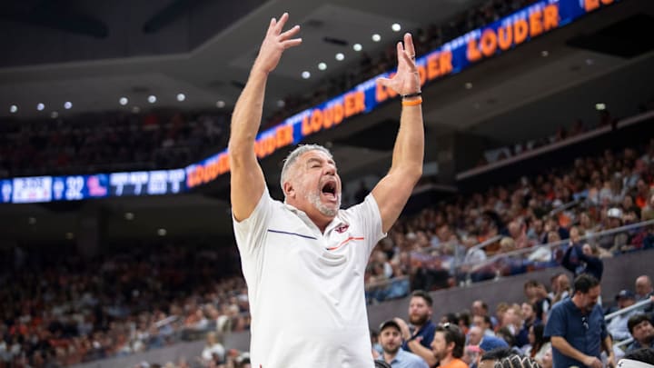 Auburn Tigers head coach Bruce Pearl pumps up the crowd as Auburn Tigers take on Ole Miss Rebels at Neville Arena in Auburn, Ala., on Wednesday, Feb. 26, 2025.