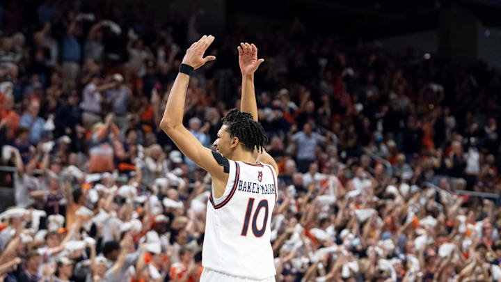 Auburn Tigers forward Chad Baker-Mazara (10) pumps up the crowd as Auburn Tigers take on Alabama Crimson Tide at Neville Arena in Auburn, Ala., on Saturday, March 8, 2025. Alabama Crimson Tide lead Auburn Tigers 45-42 at halftime.