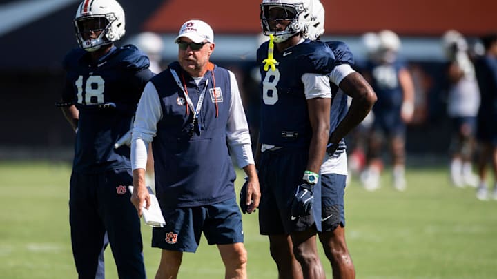 Auburn Tigers head coach Hugh Freeze watches on during practice at Woltosz Football Performance Center in Auburn, Ala. on Tuesday, Sept. 2, 2025.