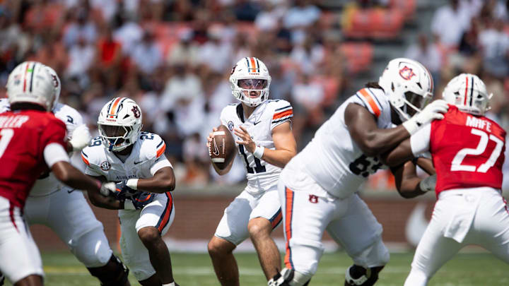 Auburn Tigers quarterback Jackson Arnold (11) looks to throw as Auburn Tigers take on South Alabama Jaguars at Jordan-Hare Stadium in Auburn, Ala. on Saturday, Sept. 13, 2025. Auburn Tigers defeated South Alabama Jaguars 31-15.